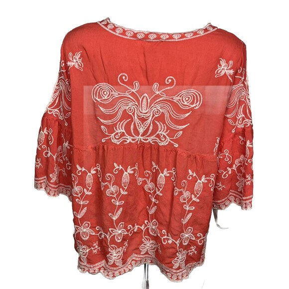 Solitaire Babydoll Boho Blouse Embroidery 3/4 Sleeve Peasant Top Coral Red Large - Picture 2 of 4